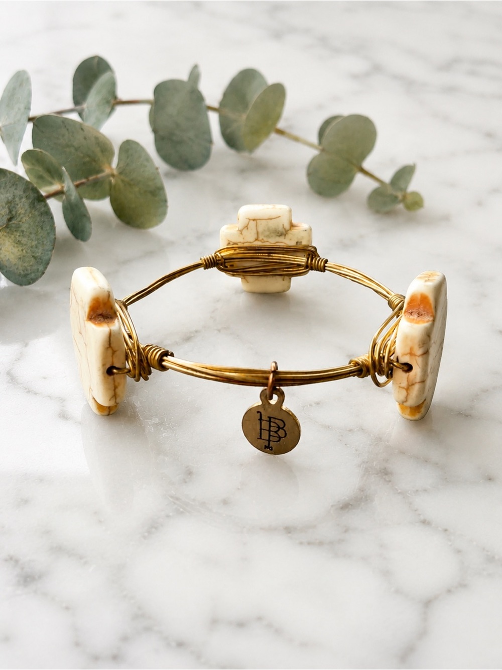 Bourbon and Bow ties Style Cross Stone Charm Bangle - White Marbled